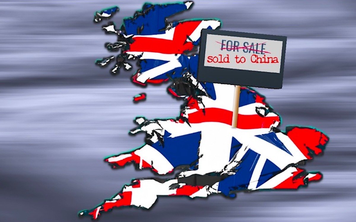 Illustration of Britain with British flag embossed on country. Grey abstract sea surrounds Britain